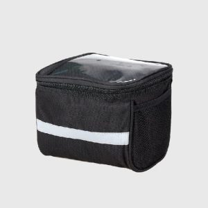 Wholesale heavy-duty bicycle handlebar bag side view, large capacity water-resistant cycling front tube touch screen pouch with mesh pocket factory supplier.