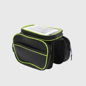 Wholesale heavy-duty bicycle front frame double pannier bag, green trim water-resistant cycling top tube saddle bag for bike tools factory supplier.