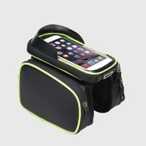 Wholesale heavy-duty bicycle top tube double pannier bag with sun visor, green trim water-resistant cycling front frame saddle bag factory supplier.