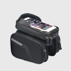 Wholesale heavy-duty black carbon fiber bicycle top tube double pannier bag with sun visor, water-resistant cycling front frame saddle bag factory supplier.
