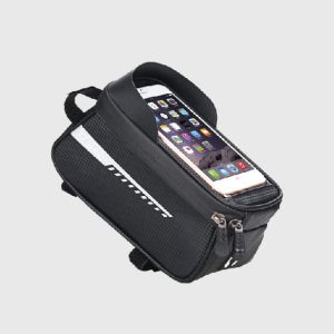 Wholesale heavy-duty black carbon fiber bicycle top tube bag with sun visor, water-resistant cycling front frame phone touch screen pouch factory supplier.
