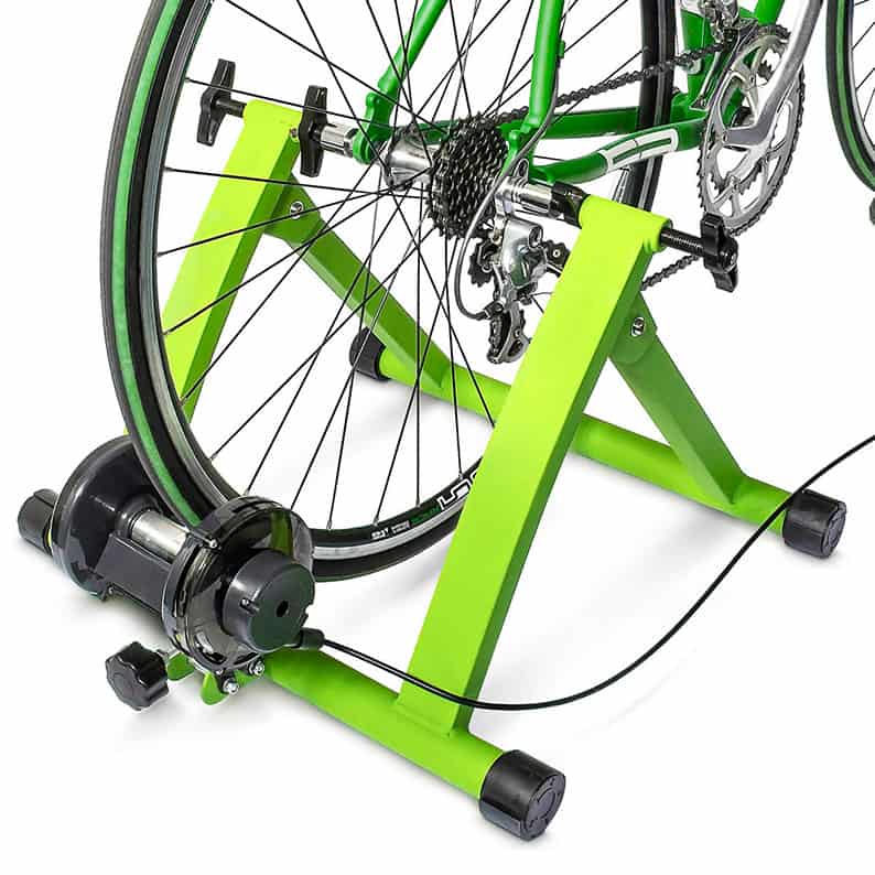 Wholesale green indoor bicycle trainer stand close-up, heavy-duty magnetic cycling training rack with remote wire controller for bike tools factory supplier.