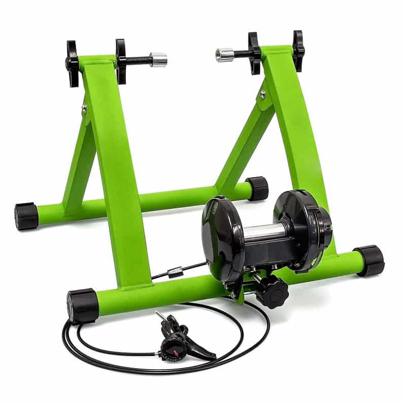 Wholesale green indoor bicycle trainer stand, heavy-duty foldable magnetic cycling training rack with remote wire controller factory supplier.