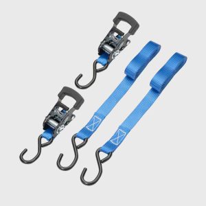 Wholesale 2-pack heavy-duty black coated ratchet tie down strap set, blue polyester cargo lashing belt with vinyl coated S-hooks for truck trailer factory supplier.