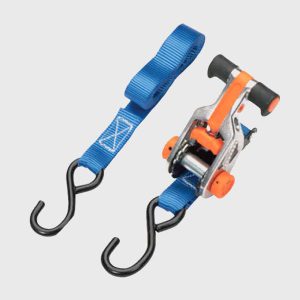 Wholesale marine grade stainless steel ratchet tie down strap, blue polyester cargo lashing belt with rubberized T-handle and vinyl coated S-hooks factory supplier.