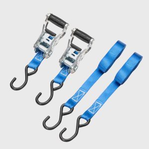 Wholesale 2-pack marine grade stainless steel ratchet tie down strap set, blue cargo lashing belt with rubberized T-handles and vinyl coated S-hooks for boat trailer factory supplier.