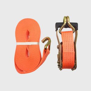 Wholesale heavy-duty orange ratchet tie down strap, industrial polyester cargo lashing belt with double J-hooks for truck factory supplier.