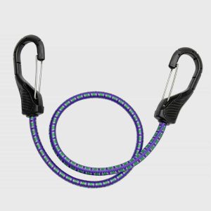 Wholesale heavy-duty luggage bungee cord with carabiner hooks, purple and green braided elastic tie down strap for suitcase and camping cargo factory supplier.
