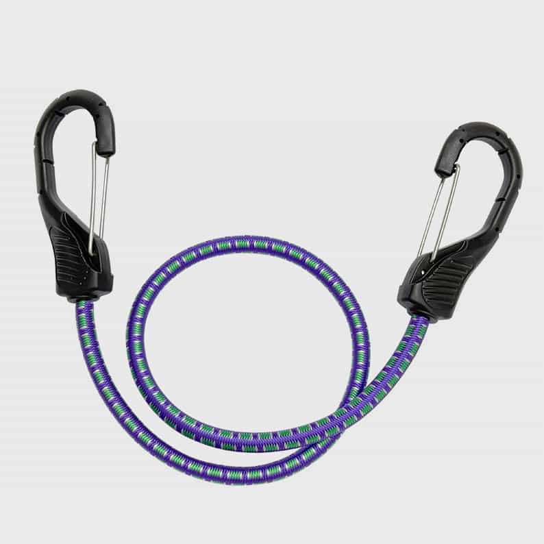 Wholesale heavy-duty luggage bungee cord with carabiner hooks, purple and green braided elastic tie down strap for suitcase and camping cargo factory supplier.