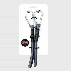 Wholesale 2-pack heavy-duty bungee cords with carabiner hooks, gray elastic tie down strap in retail hanging header card packaging factory supplier.