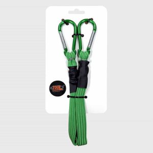 Wholesale 2-pack heavy-duty bungee cords with carabiner hooks, green elastic tie down strap in retail hanging header card packaging factory supplier.