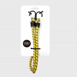 Wholesale 2-pack heavy-duty bungee cords with steel hooks, yellow and black braided elastic tie down strap in retail hanging header card packaging factory supplier.