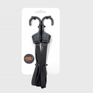 Wholesale 2-pack heavy-duty black bungee cords with steel hooks, black braided elastic tie down strap in retail hanging header card packaging factory supplier.