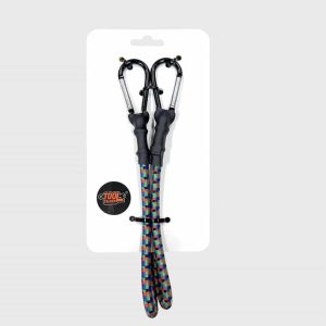 Wholesale 2-pack heavy-duty bungee cords with carabiner hooks, purple and green braided elastic tie down strap in retail hanging header card packaging factory supplier.