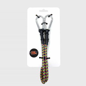 Wholesale 2-pack heavy-duty bungee cords with carabiner hooks, multicolor rainbow braided elastic tie down strap in retail hanging header card packaging factory supplier.