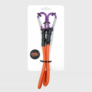 Wholesale 2-pack heavy-duty bungee cords with carabiner hooks, high-visibility orange elastic tie down strap in retail hanging header card packaging factory supplier.