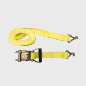 Wholesale heavy-duty yellow ratchet tie down strap, industrial polyester cargo lashing belt with double J-hooks for trailer factory supplier.
