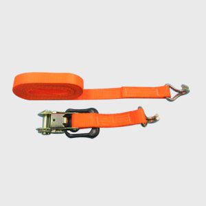 Wholesale heavy-duty orange ratchet tie down strap, industrial cargo lashing belt with black loop handle and double J-hooks for pickup truck factory supplier.