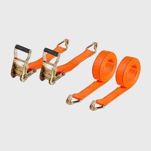 Wholesale 2-pack heavy-duty orange ratchet tie down strap set, industrial cargo lashing belt with double J-hooks for truck trailer factory supplier.
