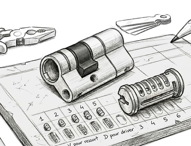 High security Euro profile cylinder lock internal structure sketch, technical mechanical blueprint drawing for custom brass door lock cylinder manufacturer.