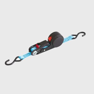 Wholesale light blue automatic retractable ratchet tie down strap, 1 inch self-winding cargo lashing belt with vinyl coated S-hooks for motorcycle factory supplier.